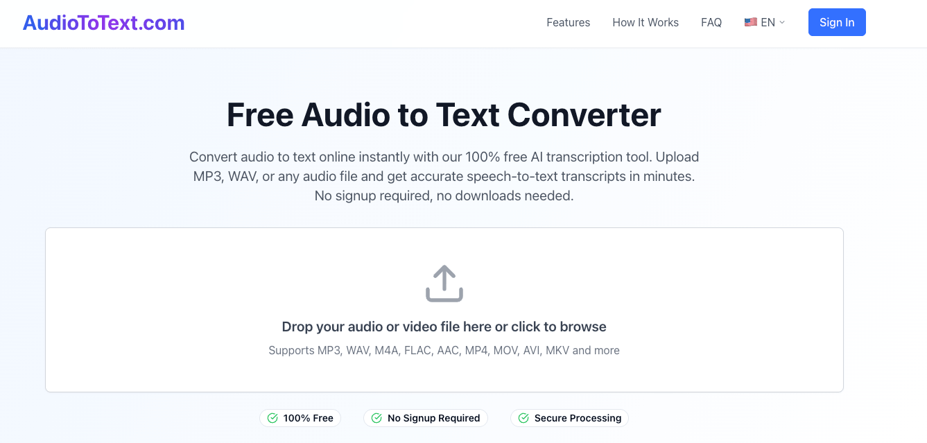 AudioToText.com audio to text conversion workflow