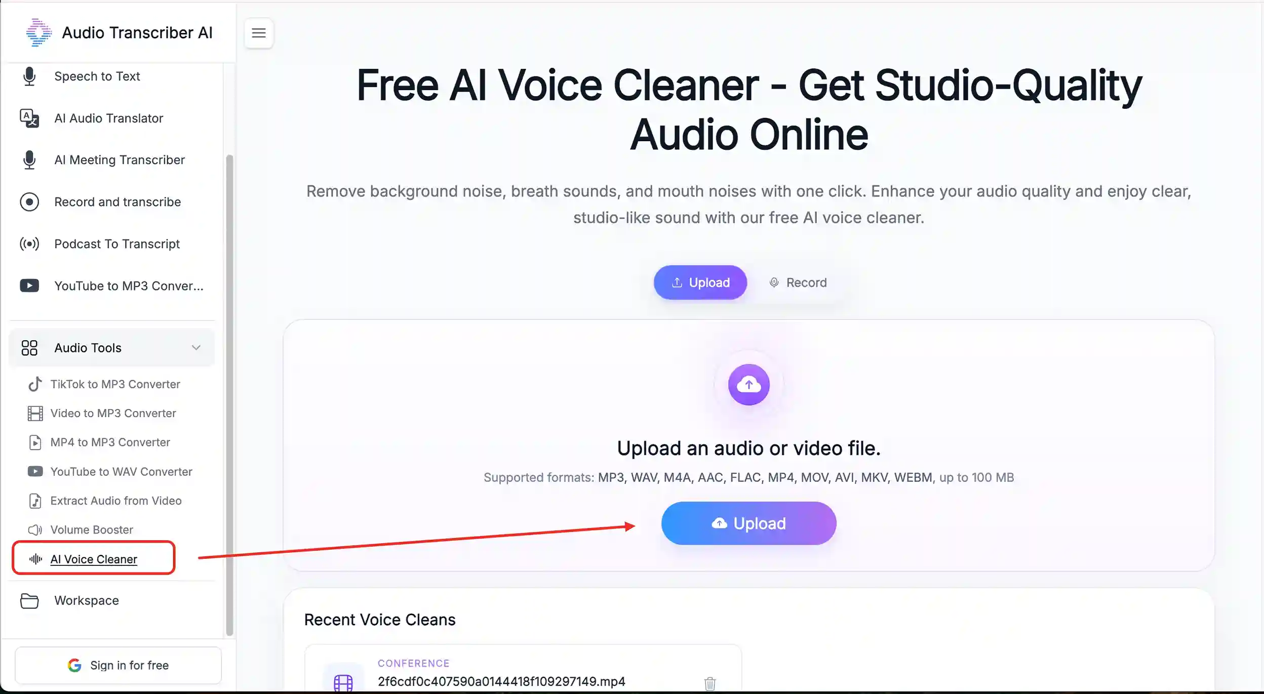 Upload your audio to AI Voice Cleaner on Audio Transcriber AI