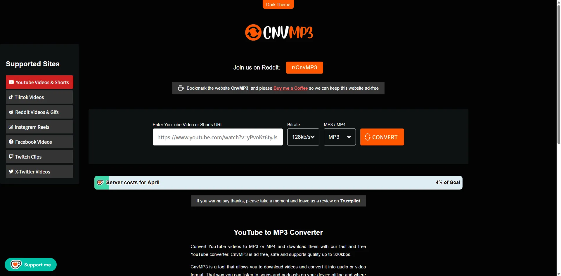 CnvMP3 online YouTube to MP3 converter interface for fast audio conversion