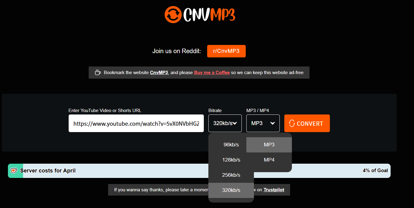 Pasting YouTube link into CnvMP3 and selecting MP3 format