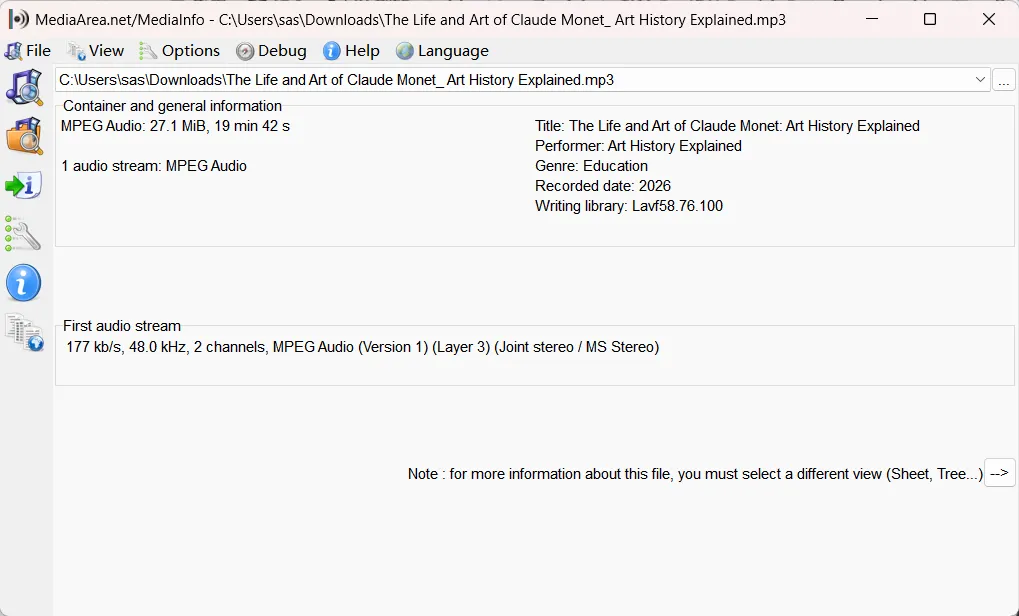 Audio file metadata showing bitrate and sample rate analysis in MediaInfo