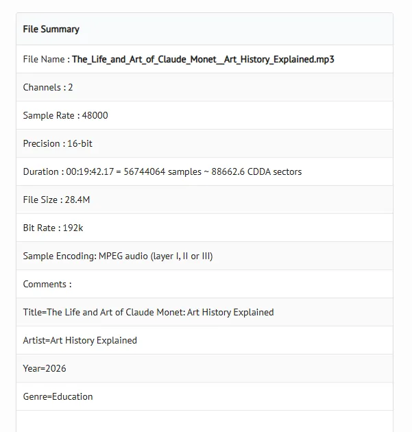 Audio waveform and signal analysis confirming compressed MP3 quality results
