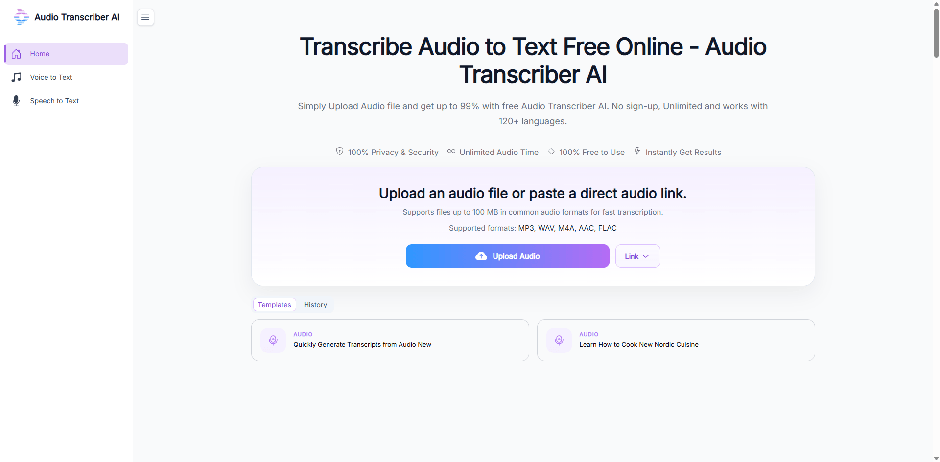 Audio Transcriber AI homepage as a CNVMP3 alternative for YouTube to MP3 conversion